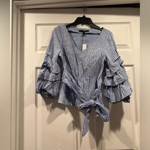 White House Black Market Striped Blue Ruffle Blouse